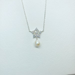 Sterling Silver Zircon Star Necklace: Pearl Pendant, Dainty Jewelry