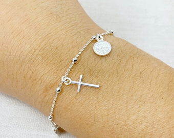 Braccialetto San Benedetto In Argento 925 Con Quarzo Rosa – Elastico E Regalo Originale