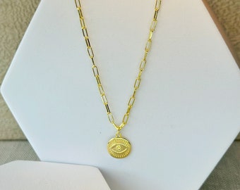 18k gold plated chain evil eye pendant necklace. 18k gold plated mini paper clip chain necklace. Dainty jewelry. Evil eye necklace.