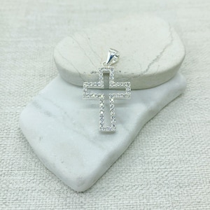 Zircon Cross Charm: 925 Sterling Silver Religious Pendant