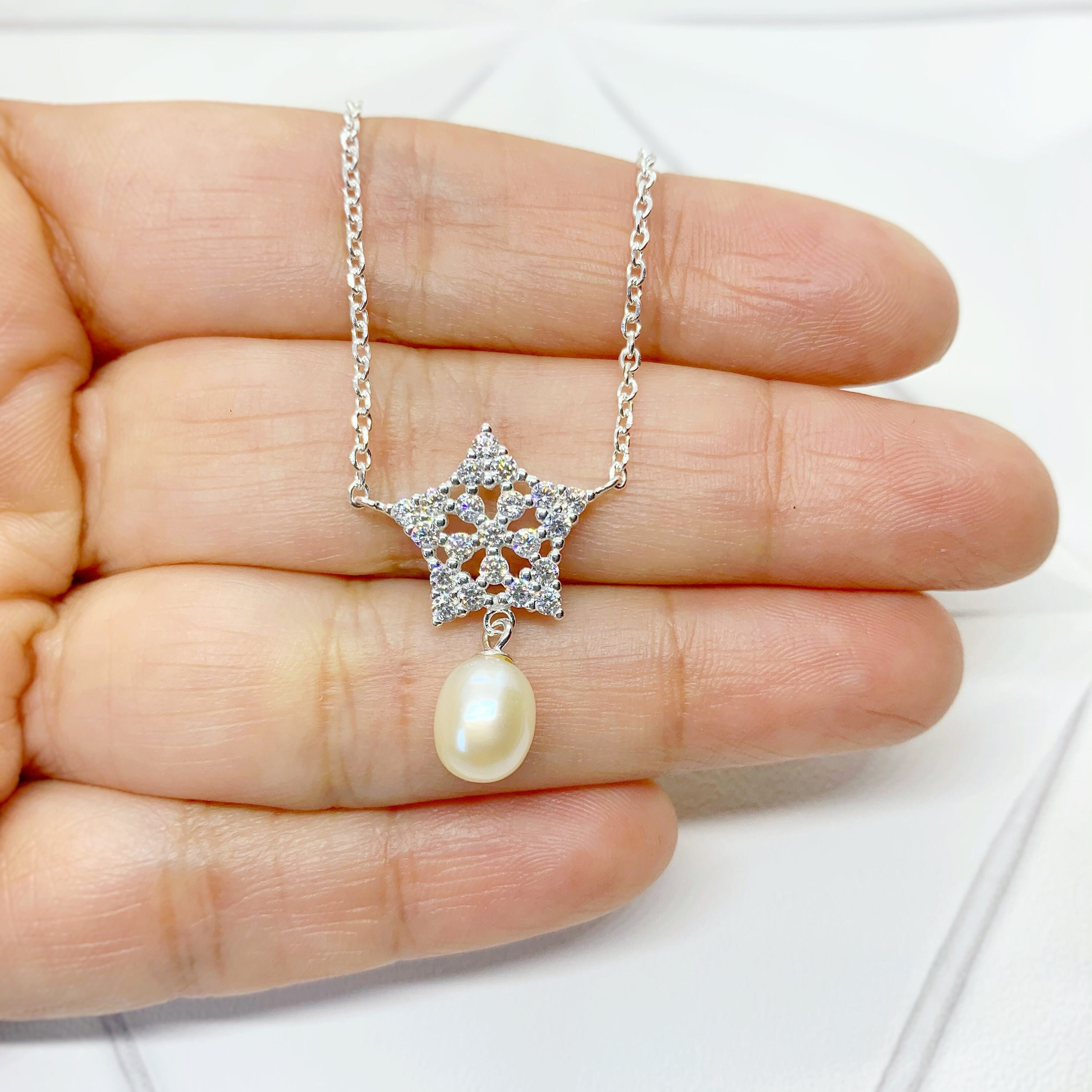 925 Sterling Silver Zircon Star Pearl Necklace. Pearl