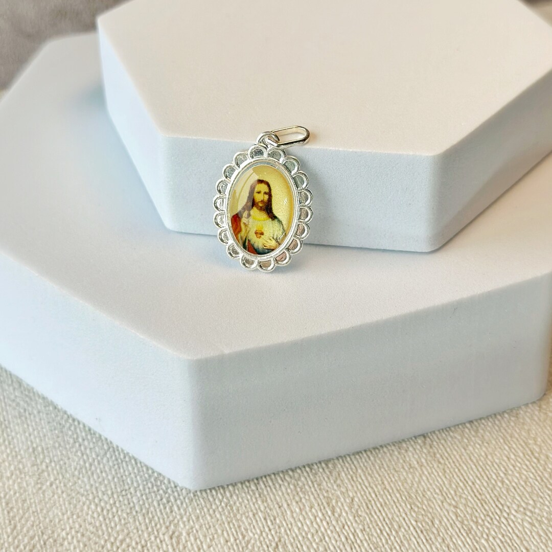 Sterling Silver Sacred Heart of Jesus Medal Pendant: Photo Enamel ...