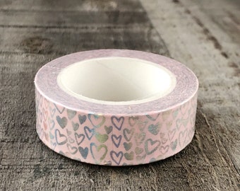 Silver Hearts Powder Pink Washi Tape 15mm x 10m roll, Lover Silver Foil Metallic Heart Doodles, Planner Journal Tape