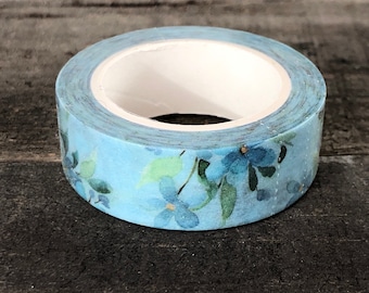 Watercolor Blue Flowers Washi Tape 15mm x 10m roll, Blue Leaves Masking Tape, Gift Box Wrapping Tape, Planner Journal Tape