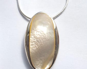 Vintage, Mother of Pearl Silver Pendant, with Silver Chain.