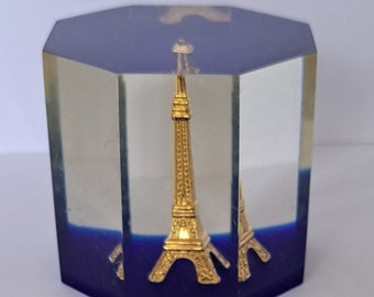 Mid Century Modern,Clear Lucite Paperweight /Desk Accessory featuring the Eiffel Tower.