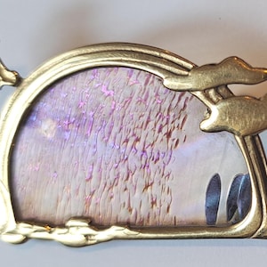 Vintage Art Nouveau Brooch: 9ct Gold, Iridescent Art Glass, Blister Pearl
