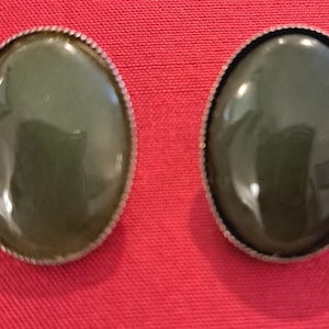 A Pair of Vintage, Stsil Moss Agate Cabochon, Silver Clip - on Earrings