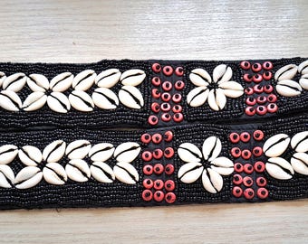 Hand Crafted,  Cowrie Shell, Black Beaded Tie Belt, Vintage 43.50\