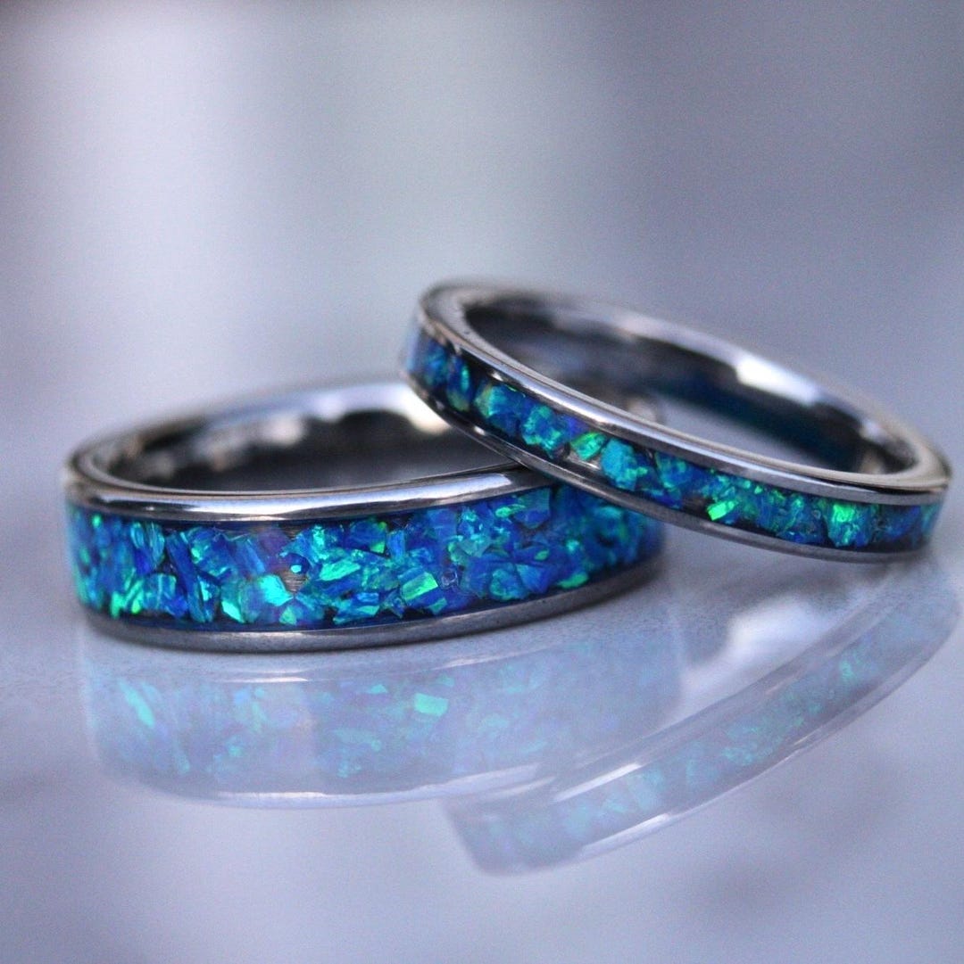 Matching Opsite Rings Blue Opal Wedding Ring Set, Matching His and Hers Bands, Couples ...