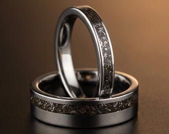 Real Meteorite Wedding Rings, His And Hers Bands, Couples Matching Rings, Silver Promise Rings, Engagement Rings, Wedding Set, Meteorite