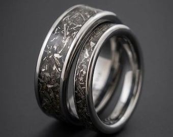 Real Meteorite Tungsten Carbide Wedding Ring Set, His and Hers Matching Set