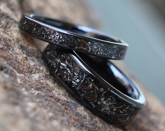 Real meteorite his and hers ring set engagement rings promise rings rustic jewellery personalized gifts anniversary gift black wedding band