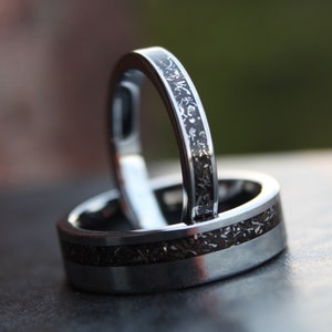 Real meteorite his and hers tungsten ring set engagement rings promise rings rustic jewellery personalized gifts anniversary gift