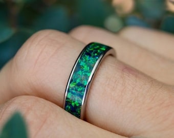 Green Blue Flash Opal Tungsten Carbide Wedding Ring | Handmade Wedding Band | Men’s Promise Ring | Anniversary Gift | Comfort Fit | Opal