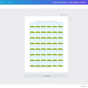 May include: A digital collage sheet with 49 squares, each featuring a green field with a white cloud against a blue sky. The sheet is designed for 1 x 1 inch squares and is labeled "Digital Collage Sheet - 1 x 1 inch squares - Canva Pro"