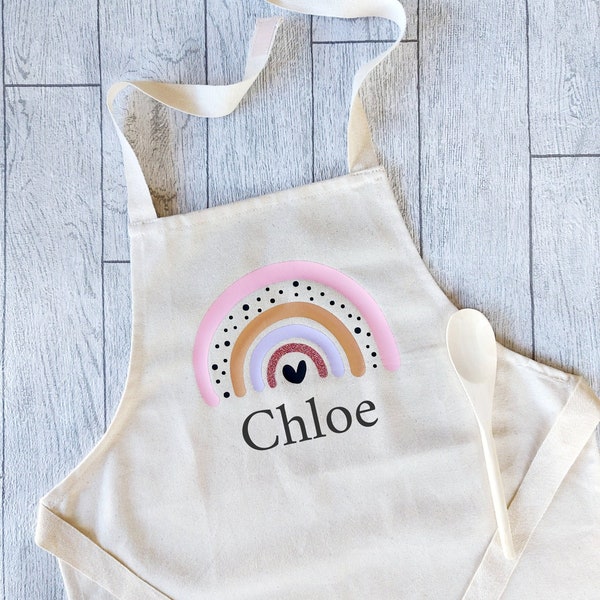 Personalised Rainbow Childs Junior Apron Baking Play Kitchen Role Play Kids Accessories Name Scandi Design