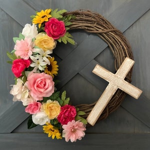 Cross Front Door Wreath, Colorful Front Door Wreath, Farmhouse Wreath, pink and yellow all seasons wreath