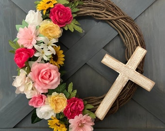 Farmhouse Cross Wreath, Pink & Yellow Floral, All Seasons Door Decor