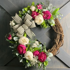 Peony Wreath,  Front Door Wreath, Bright Front Door Wreath, Pink and White Peony Wreath, Year Round Wreath