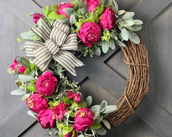 Bright Pink All Seasons Luxury Peony Wreath, Eucalyptus Lambs Ear, Custom Grapevine Wreath