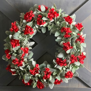 Red Lambs Ear Wreath, Red Hydrangea Wreath, Farmhouse Wreath, Year Round Wreath, Farmhouse Decor