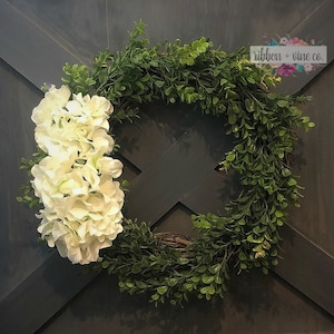Rustic Wreath, Summer Neutral Wreath, Boxwood wreath, White Hydrangea Wreath