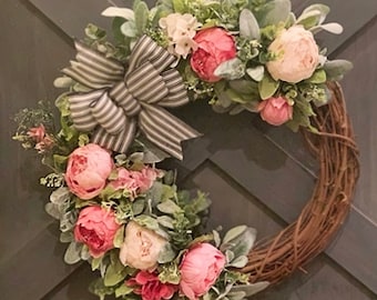 Spring Peony Wreath, Luxury Mixed Pink Front Door, Lambs Ear Eucalyptus, Upscale Custom Door Decor