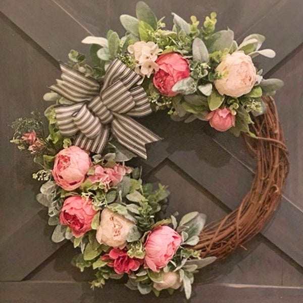 All seasons pink peony front door wreath, pink year round front door wreath, every day front door wreath, farmhouse peony front door wreath