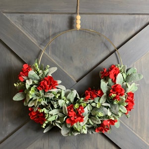 Red Wreath, Gold Hoop Wreath, Red Hydrangea Metal Ring Wreath, Boho Hydrangea Wreath, Modern Wreath
