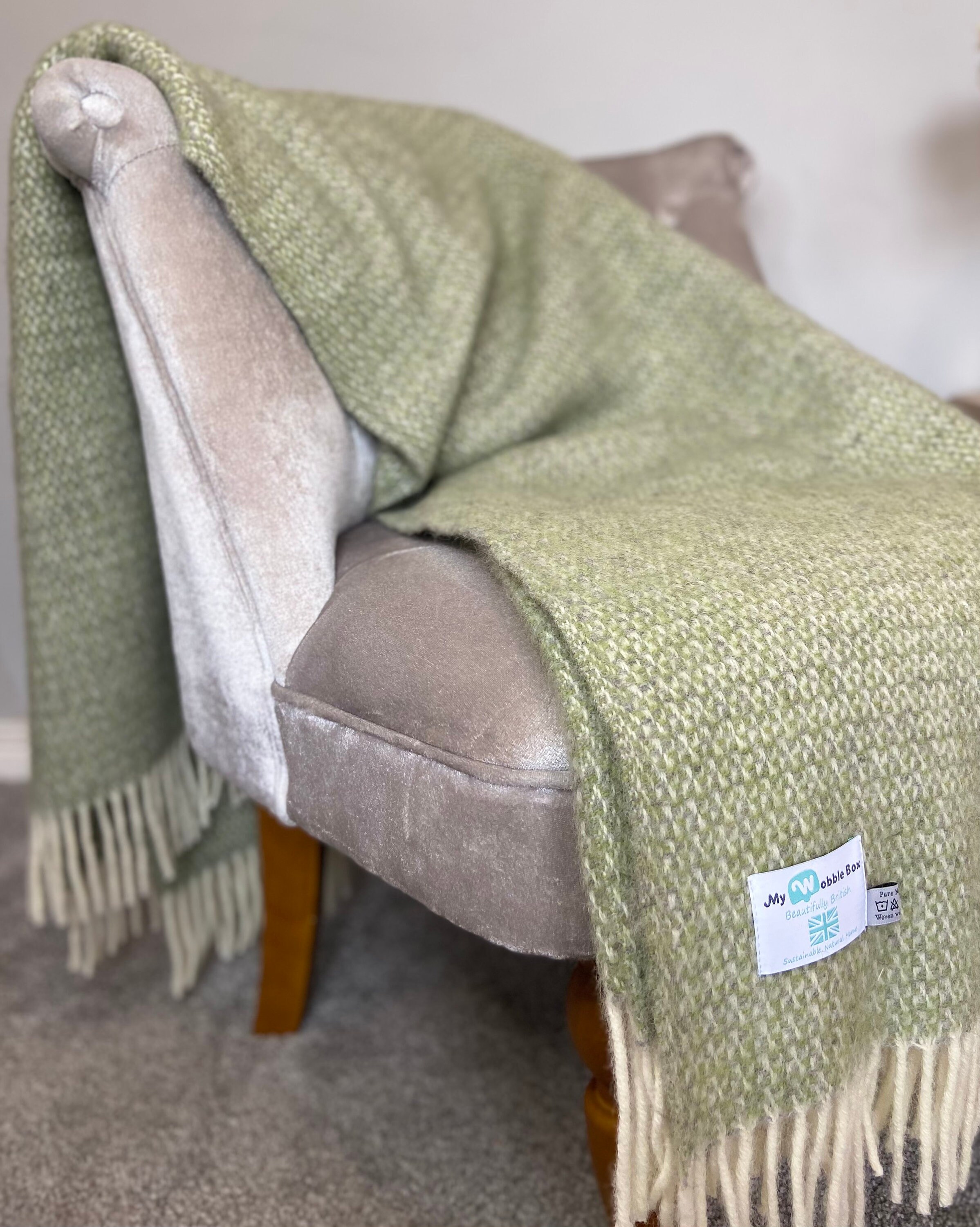 Sage Green and Grey Illusion Weave Pure New Wool Blanket Throw. British