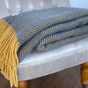 Golden French Mustard yellow and blue ink Herringbone Pure New Wool Blanket Throw . British made, perfect gift. Available in two sizes