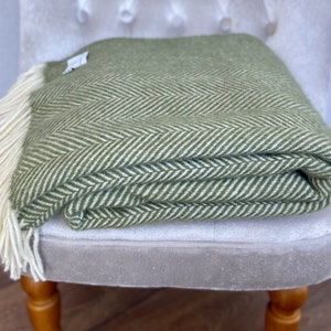 Olive green Herringbone Pure New Wool Blanket Throw . British made, perfect gift for your bed, sofa or garden.