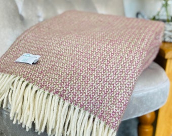 Raspberry and Sage green Illusion weave pure new wool blanket throw. British made blanket. Available in two sizes and matching cushion