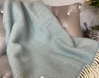 Duck egg blue and cream Herringbone Pure New Wool Throw / Blanket Fits King Size Bed / British Made / Soft Wool Yarn