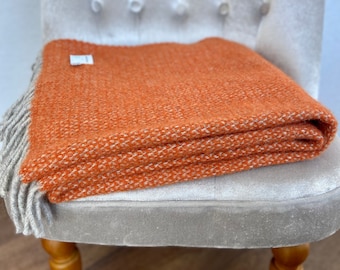 Pumpkin Orange Illusion weave pure new wool blanket throw. British made blanket. Available in two sizes