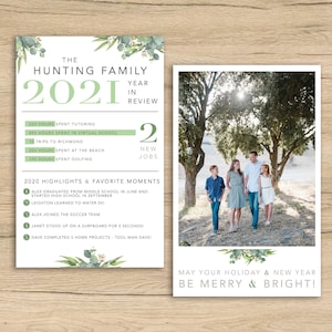 Christmas Card Template - Year In Review Infographic - Digital Photoshop Template - Editable Family Photo Holiday Eucalyptus Sage Green