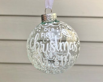 Personalized Lace Painted Newlywed Ornament - First Christmas as Mr and Mrs - Calligraphy Wedding Gift - First Christmas Married