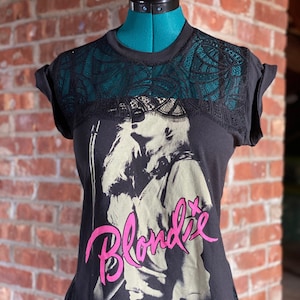 Blondie Reworked Vintage Rocker T Shirt w/ Chantilly French Lace Detail - Debbie Harry Pop Punk