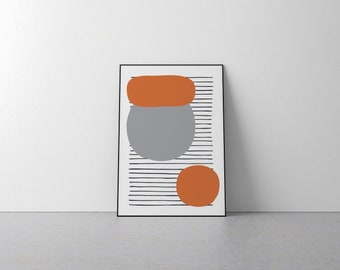 Orange Grey Modern Minimalistic Wall Art Home Decor - A5, A4, A3, A2, Presents, Gifts, Bedroom, Kitchen, Lounge, Lines, Shapes, Geometric