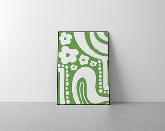 Different Colours Available - Pink Green Yellow 70's Inspired Retro Prints, Flowers, White, Flower Power, Indie, Bright, Bold, Pattern, Art