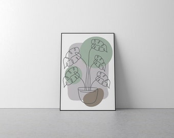 Green Stone Pink Brown Art Print - Botanicals, Plants, Leaf, Monstera, Minimalist Line Art, Modern, Circles, Foliage, Poster, Wall, Presents