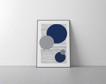 Blue Grey Wall Art - Print, Decor, Modern, Interior, Shapes, Contemporary, Minimalist, Navy, Deep, Circle, Simple, Work of Art, Block Colour