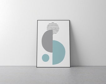 Blue Grey Modern Art - Living Room, Interior, Minimalist, Bathroom, Living, Wall Decor, Circles, Lines, Inside, Aqua, Marine Life, Seaside