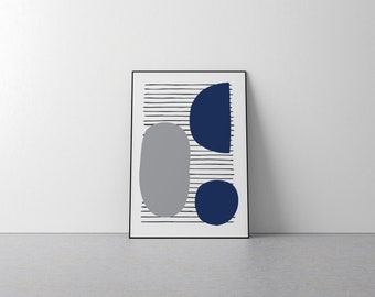 Simple Geometric Navy Blue Grey Wall Art - Minimalist Home Decor, Modern Painting, Prints, Stylish, Emerald, Colour, Inspirational, Gift