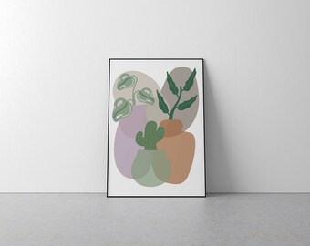 House Plants In Pots Print - Botanical, Cactus, Foliage, Leaves, Vases, Poster, Wall Art, Home Decor, Orange, Pink, Brown, Greenery, Boho