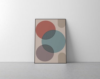 Bauhaus Inspired Beige Blue Red Purple Line Art Print - Overlay, Poster, A2, A3, A4, A5, Contemporary, Mid Century, Retro, Circles, Design