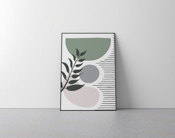 Green Pink Modern Art - Living Room, Interior, Minimalist, Bathroom, Living, Wall Decor, Circles, Lines, Inside, Botanicals, Plants, Leaf