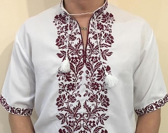 Modern embroidered men's shirt. Handmade natural linen shirt for man. Enhno folk shirt. Gift for him, man. Ukrainian white shirt Vyshyvanka.