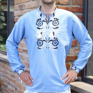 Modern embroidered men's shirt. Handmade blue shirt. Ethno folk shirt. Mens embroidery. Gift for him, boy, man. Vyshyvanka. Ukrainian shirt